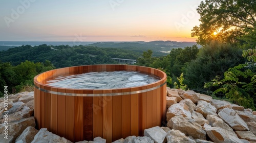 Scenic view of possum kingdom lake at sunset, featuring a circular cedar tub on a hilltop