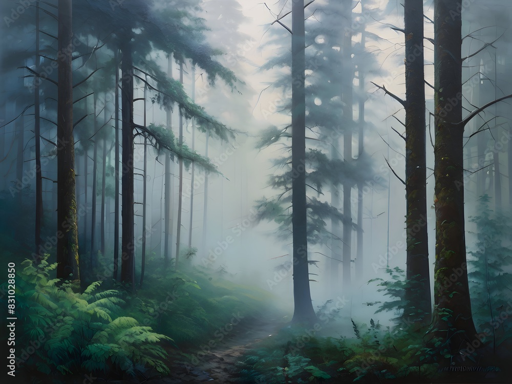 Obraz premium Misty Forest Landscape Oil Painting Art