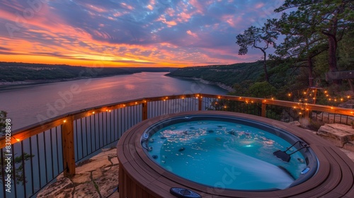 Fototapeta Naklejka Na Ścianę i Meble -  Tranquil sunset view from cedar tub overlooking scenic possum kingdom lake on hilltop