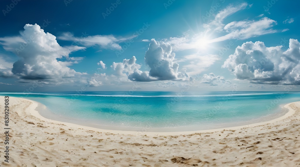 Beach with blue sky and clouds in the shining Sun.