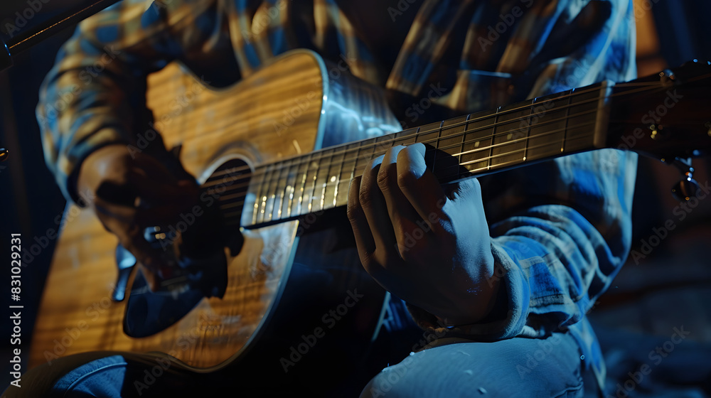 Fototapeta premium A young man playing a accoutic guitar worshipping God