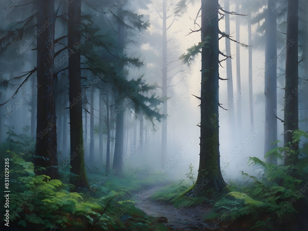 Obraz premium Misty Forest Landscape Oil Painting Art