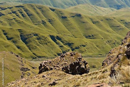 View of Maloti-Drakensberg Park near the Sani Pass. The mountain massif forms the border between the Kingdom of Lesotho and the Republic of South Africa. photo