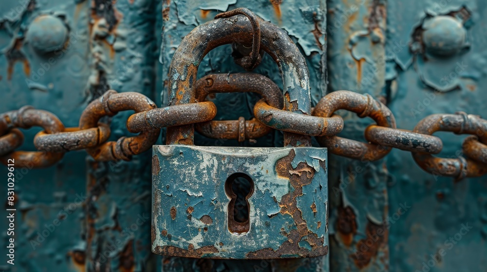 Close-up of a bulky, oxidized padlock and interlocked chains on a deteriorating metal door, showcasing the raw, rugged surface Close-up of a bulky, oxidized padlock and interlocked chains on a deteriorating metal door, showcasing the raw, rugged surface