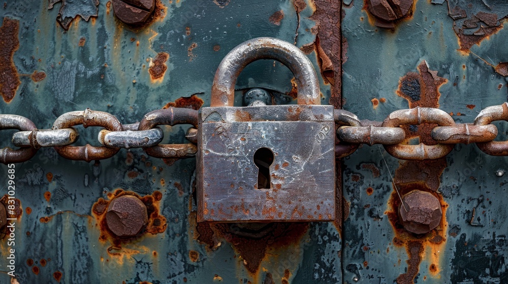 Close-up of a bulky, oxidized padlock and interlocked chains on a deteriorating metal door, showcasing the raw, rugged surface
