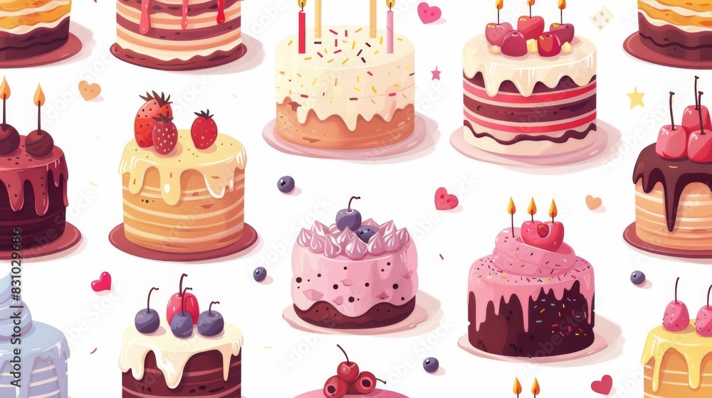 A variety of birthday cakes with candles, strawberries, blueberries, and chocolate.