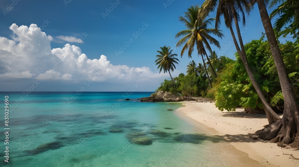 Palm trees near the beach under the white clouds. 