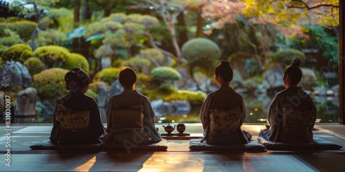 a traditional tea ceremony with participants in a serene garden photo