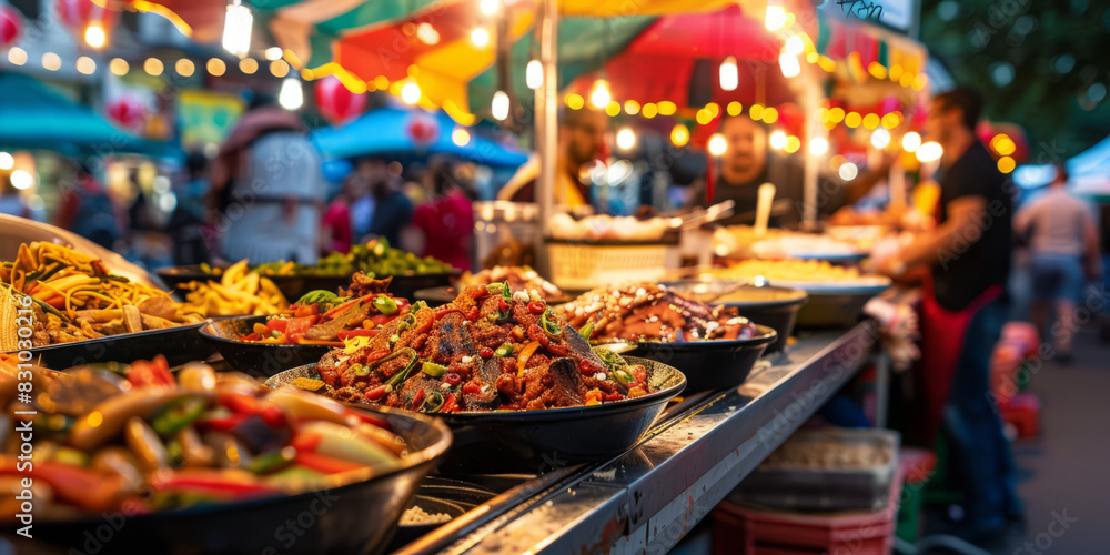 a vibrant street food festival with various international cuisines and colorful stalls