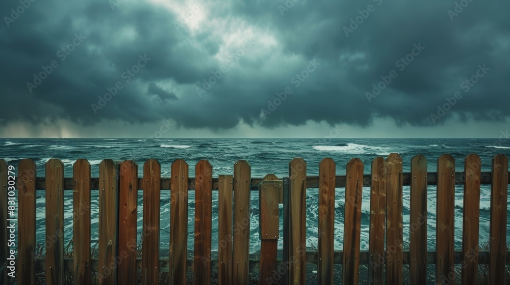 A wooden fence is on a beach with a stormy sky in the background A wooden fence is on a beach with a stormy sky in the background