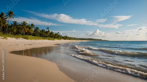 a beach with a palm tree lined shore and a beach with a palm tree on the left.
