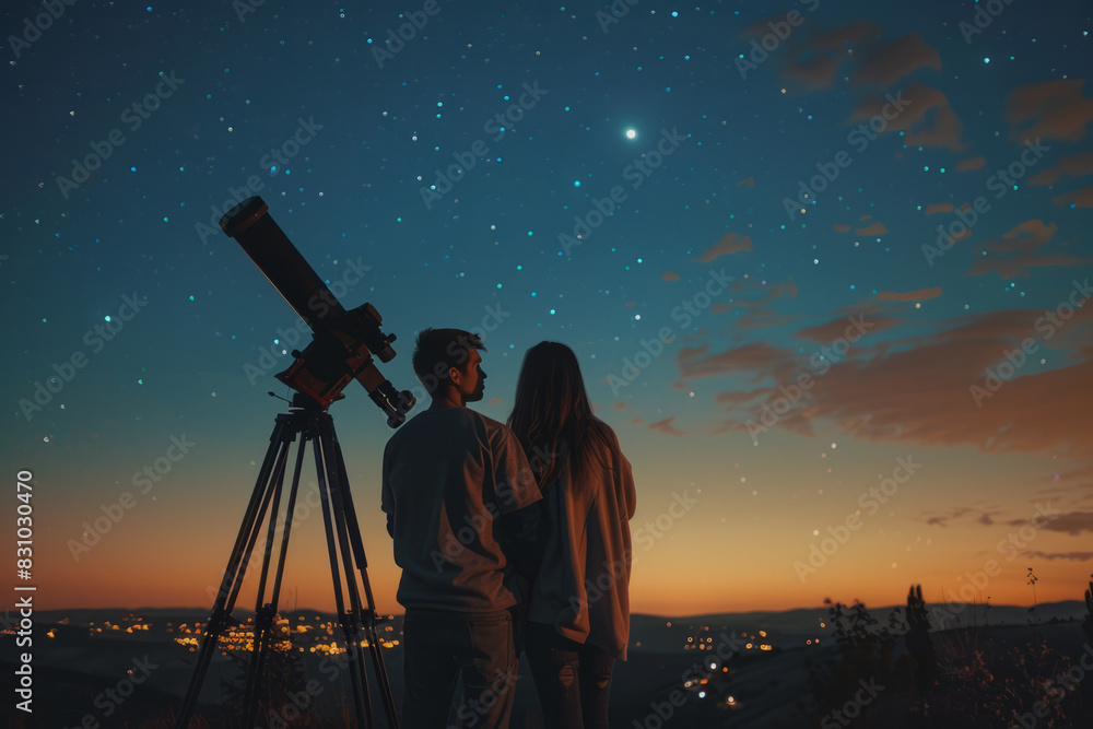 Fototapeta premium a young couple stargazing with a telescope in a dark, clear sky area, highlighting romance and interest in astronomy.