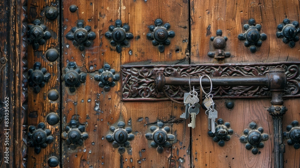 A heavy wooden door with iron reinforcements, a decorative metal handle, and a keyring with various keys hanging, symbolizing security A heavy wooden door with iron reinforcements, a decorative metal handle, and a keyring with various keys hanging, symbolizing security