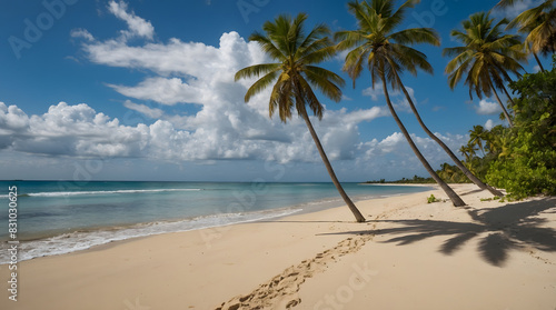 a beach with palm trees and a beach in the background.