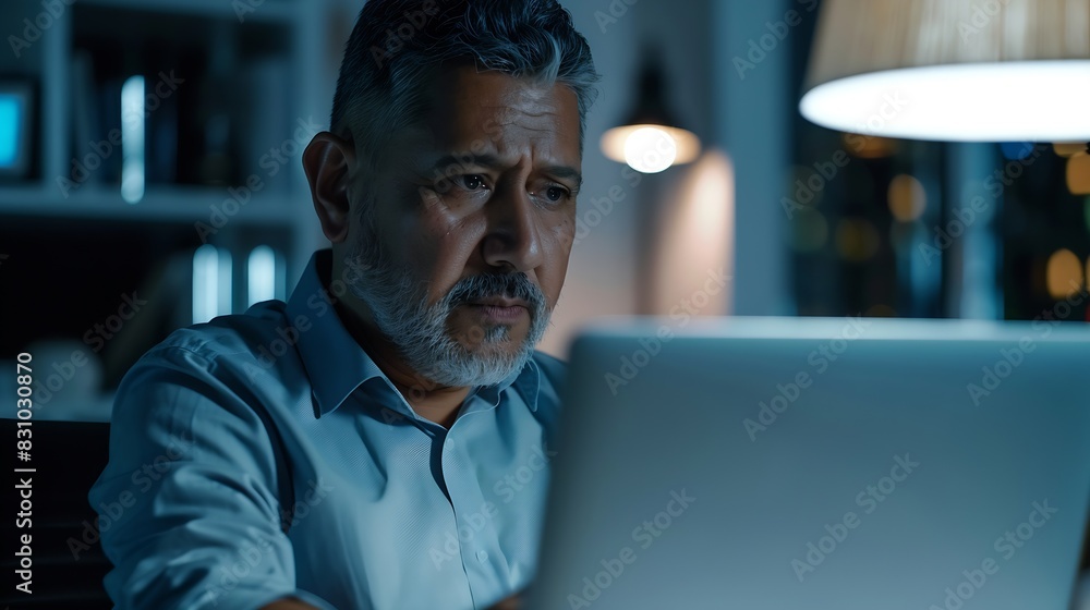 Middleage Hispanic man using laptop computer for business studying watch online virtual webinar training meeting video call Focused mature Indian or Latin businessman work in office co : Generative AI Middleage Hispanic man using laptop computer for business studying watch online virtual webinar training meeting video call Focused mature Indian or Latin businessman work in office co : Generative AI