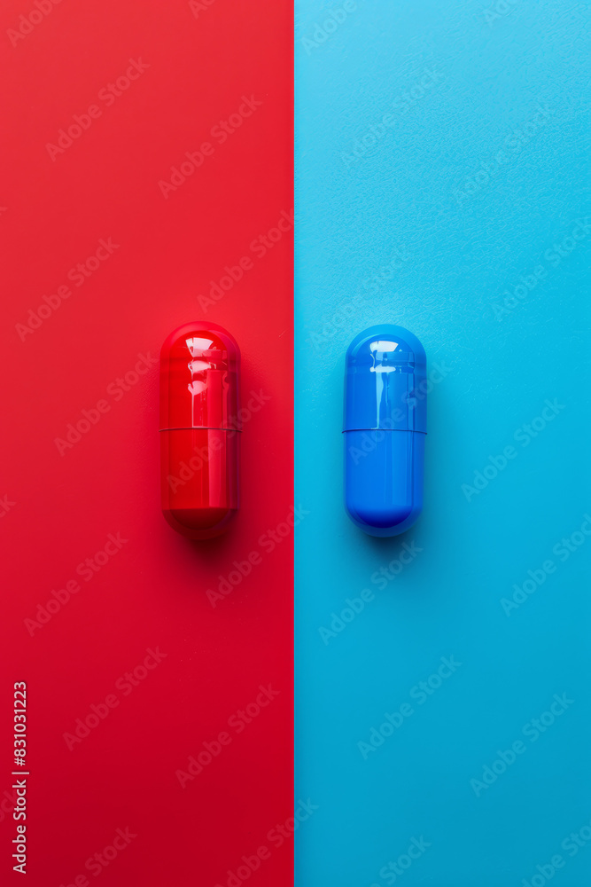 Red and blue capsules side by side on a split red and blue background, creating a striking contrast and symbolizing choice or health-related themes.