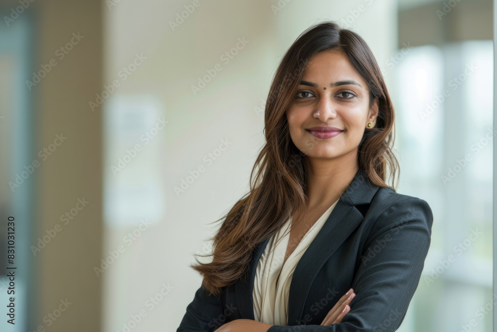 an Indian businesswoman standing tall, exuding pride and happiness in her professional role. an Indian businesswoman standing tall, exuding pride and happiness in her professional role.