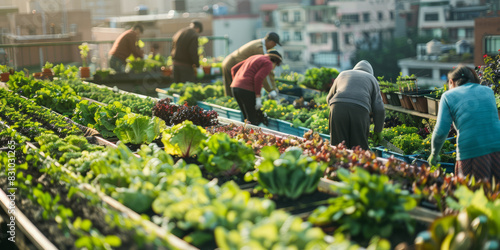an urban farm with people tending to vegetables on a rooftop photo