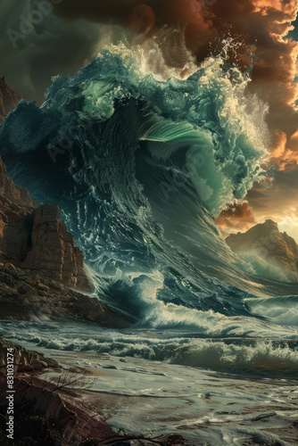 Cataclysmic deluge, massive flood. A towering wave crashes ashore. Illustration. Biblical Scene