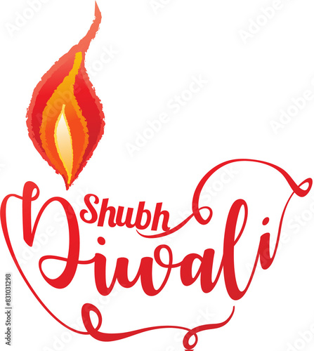 Calligraphy of Subh (Happy) Diwali text as Creative illuminated oil lamp on white background can be used as greeting card design. photo