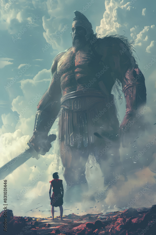 David and Goliath. Digital painting of an ancient warrior with a giant standing in front of him. Digital illustration.