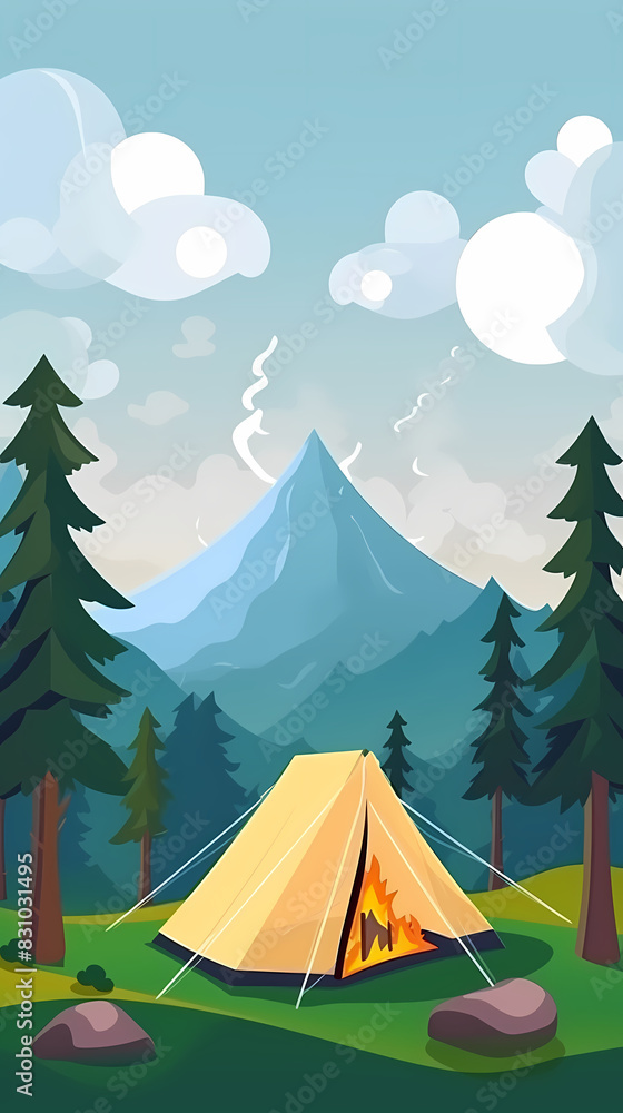 Vector camping tent in the forest.Summer camp with bonfire, tent, backpack . cartoon landscape with mountain, forest and campsite.