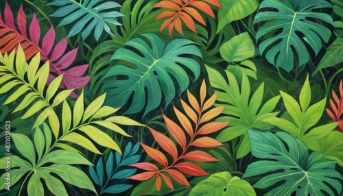 Vibrant illustration of tropical leaves with rich greens and pops of color, capturing the lush essence of a rainforest, ideal for eco-themed designs.