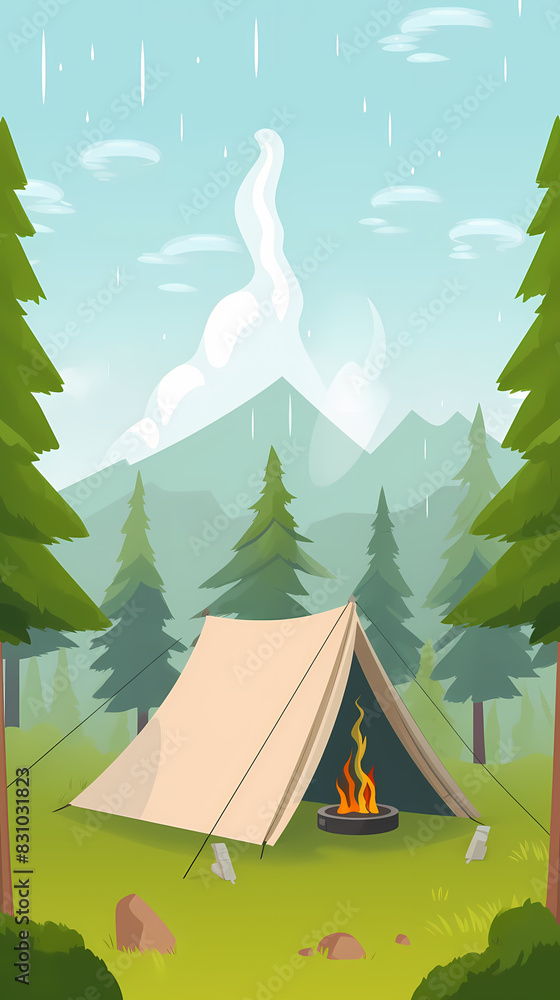 Vector camping tent in the forest.Summer camp with bonfire, tent, backpack . cartoon landscape with mountain, forest and campsite. Vector camping tent in the forest.Summer camp with bonfire, tent, backpack . cartoon landscape with mountain, forest and campsite.