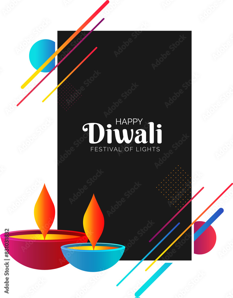 Happy Diwali template or greeting card design with flat style oil lamps and abstract elements on black background. Happy Diwali template or greeting card design with flat style oil lamps and abstract elements on black background.