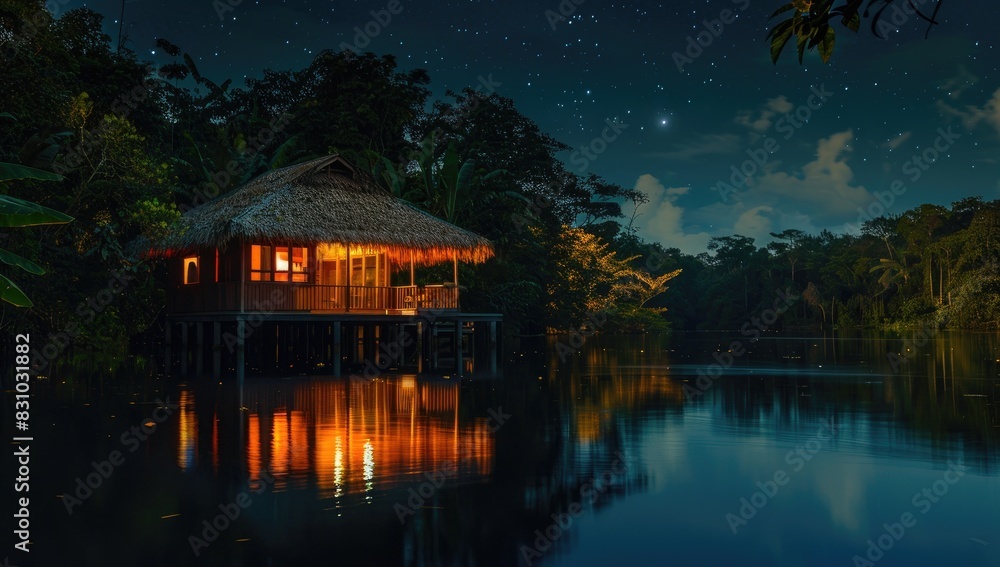 Fototapeta premium a image of a hut sitting on the edge of a lake at night