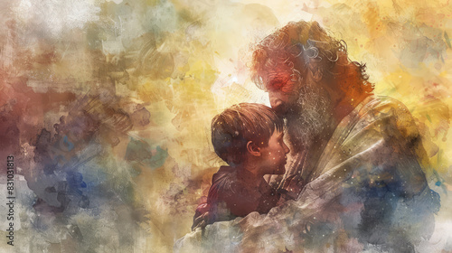 Digital watercolor art illustrating the Return of the Prodigal Son from the parable. © AI_images_for_people