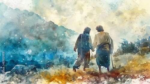 Digital watercolor art illustrating the Return of the Prodigal Son from the parable. photo