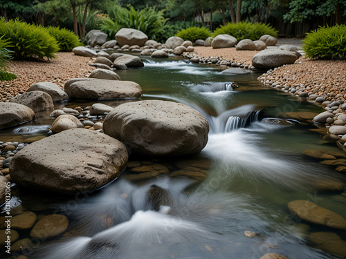 waterfall in the forest, "Peaceful Zen stone garden with flowing water"