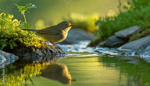 A common chiffchaff (Phylloscopus collybita) perched on a rock by pond photo