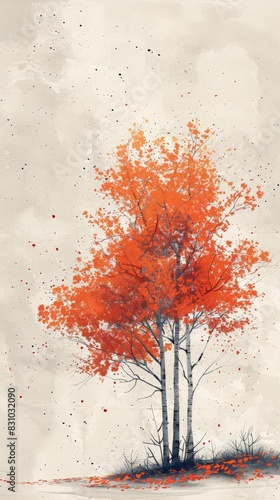 A serene digital artwork showing the transition from autumn to winter, with warm fall foliage slowly covered by the first snowfall. The minimalist design captures the essence of the changing seasons,