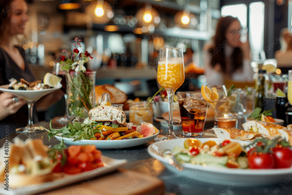 friends having a casual brunch at a trendy café, with delicious food, drinks, and cheerful conversations, capturing social gatherings and culinary enjoyment.