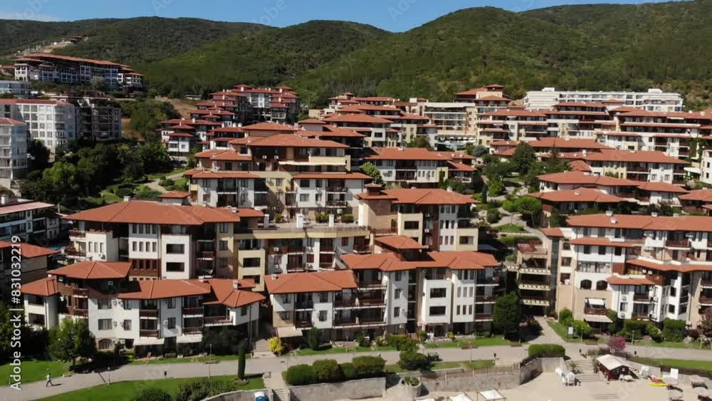 Panoramic aerial view of houses and hotels, sea and beaches of Sveti Vlas in Bulgaria from above, top view from drone. Summer holiday in Europe.
Panoramic aerial view of houses and hotels, sea and beaches of Sveti Vlas in Bulgaria from above, top view from drone. Summer holiday in Europe.