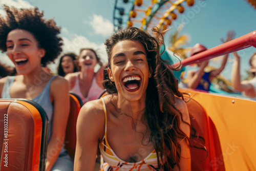 friends having a fun day at a theme park, with rides, games, and happy faces, highlighting leisure and adventure. © AI_images_for_people