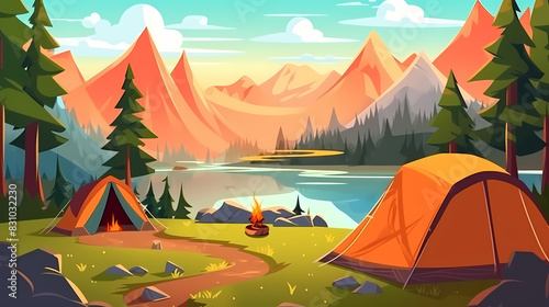 Vector camping tent in the forest.Summer camp with bonfire, tent, backpack . cartoon landscape with mountain, forest and campsite.