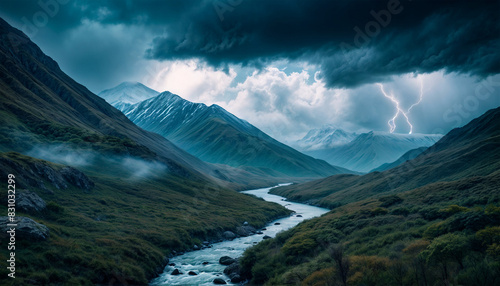 Thunderstorm in the mountains. Landscape of the night stormy mountains. Flashing lightning