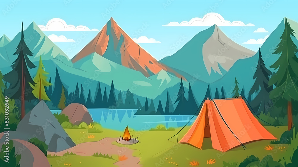 Vector camping tent in the forest.Summer camp with bonfire, tent, backpack . cartoon landscape with mountain, forest and campsite. Vector camping tent in the forest.Summer camp with bonfire, tent, backpack . cartoon landscape with mountain, forest and campsite.