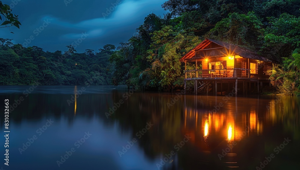 Fototapeta premium Cozy Cabin by the Riverside at Night