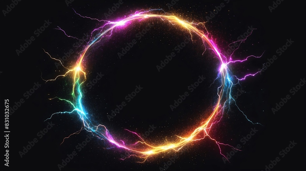 abstract circle of colorful glowing light particles with lightning sparks on plain black background abstract circle of colorful glowing light particles with lightning sparks on plain black background