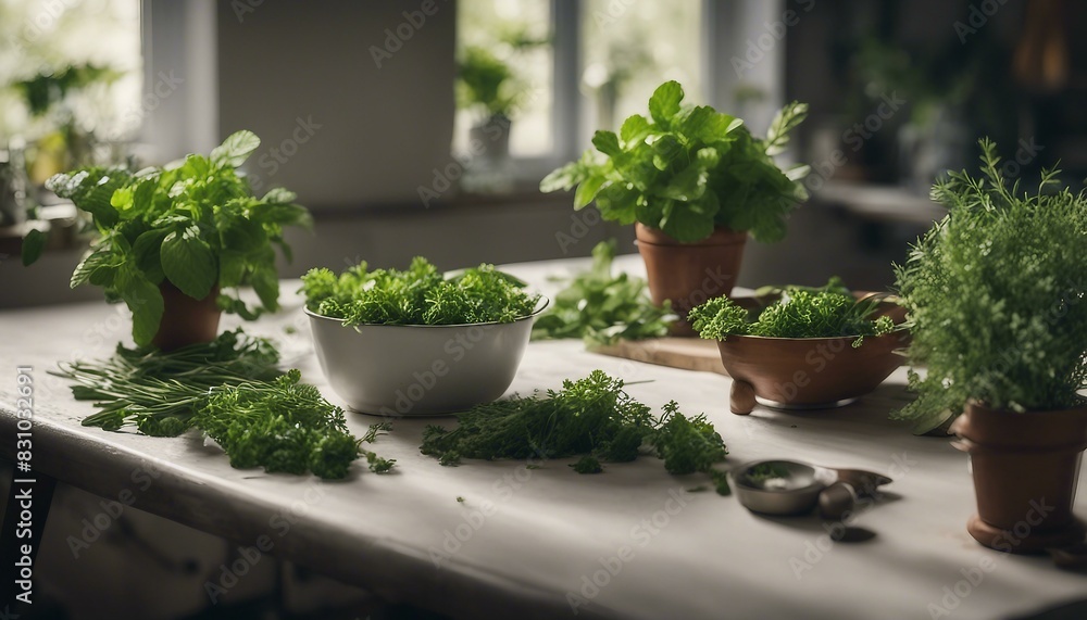 A white dining table holds two pots of fresh herbs: one with mint leaves, the other with parsley, plus scattered sprigs of both plants across the surface.