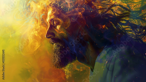 Jesus Christ presented with a beard and mustache on an abstract background, leaving plenty of space for additional content © AI_images_for_people