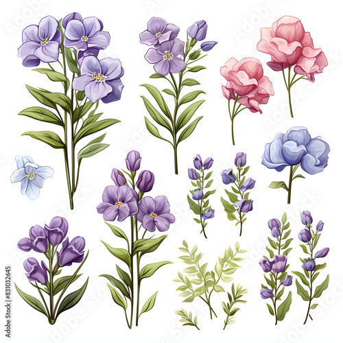 set of Wallflower, plants, leaves and flowers. illustrations of beautiful realistic flowers for background, pattern or wedding invitations photo