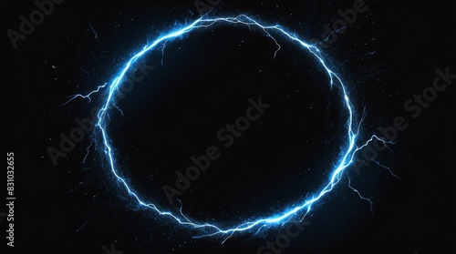 abstract circle of blue glowing light particles with lightning sparks on plain black background