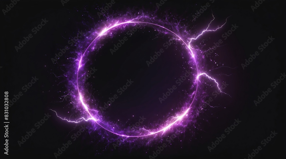 abstract circle of purple glowing light particles with lightning sparks on plain black background abstract circle of purple glowing light particles with lightning sparks on plain black background