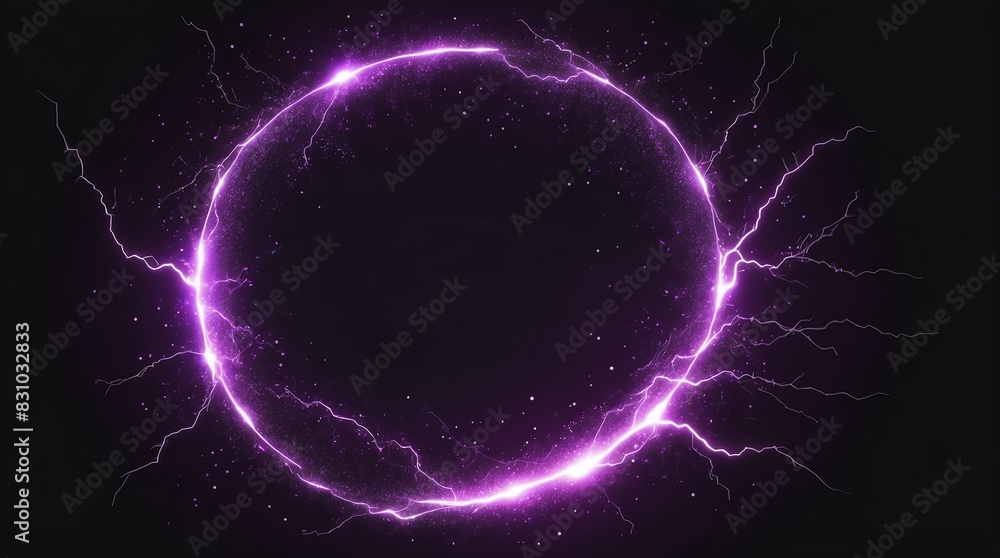abstract circle of purple glowing light particles with lightning sparks on plain black background abstract circle of purple glowing light particles with lightning sparks on plain black background