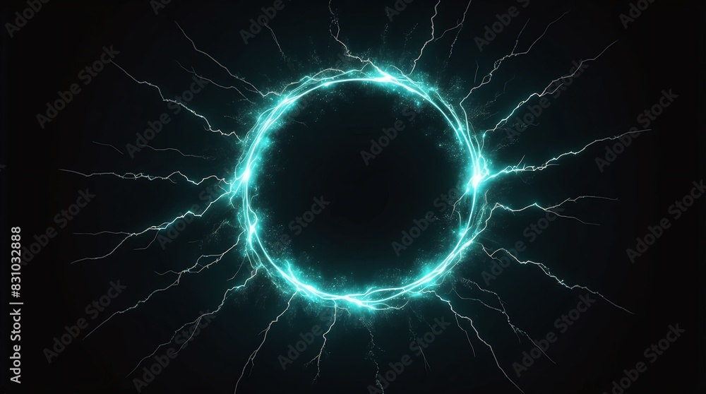 abstract circle of teal glowing light particles with lightning sparks on plain black background abstract circle of teal glowing light particles with lightning sparks on plain black background